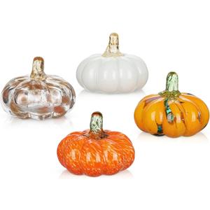 Glass Pumpkin Fall Decor Set  4 PCS Handblown Pumpkins for Autumn Decorations, Halloween, Thanksgiving, Harvest Table Centerpiece, Mantel Fall Accents (Mixed Colors - 4pcs)
