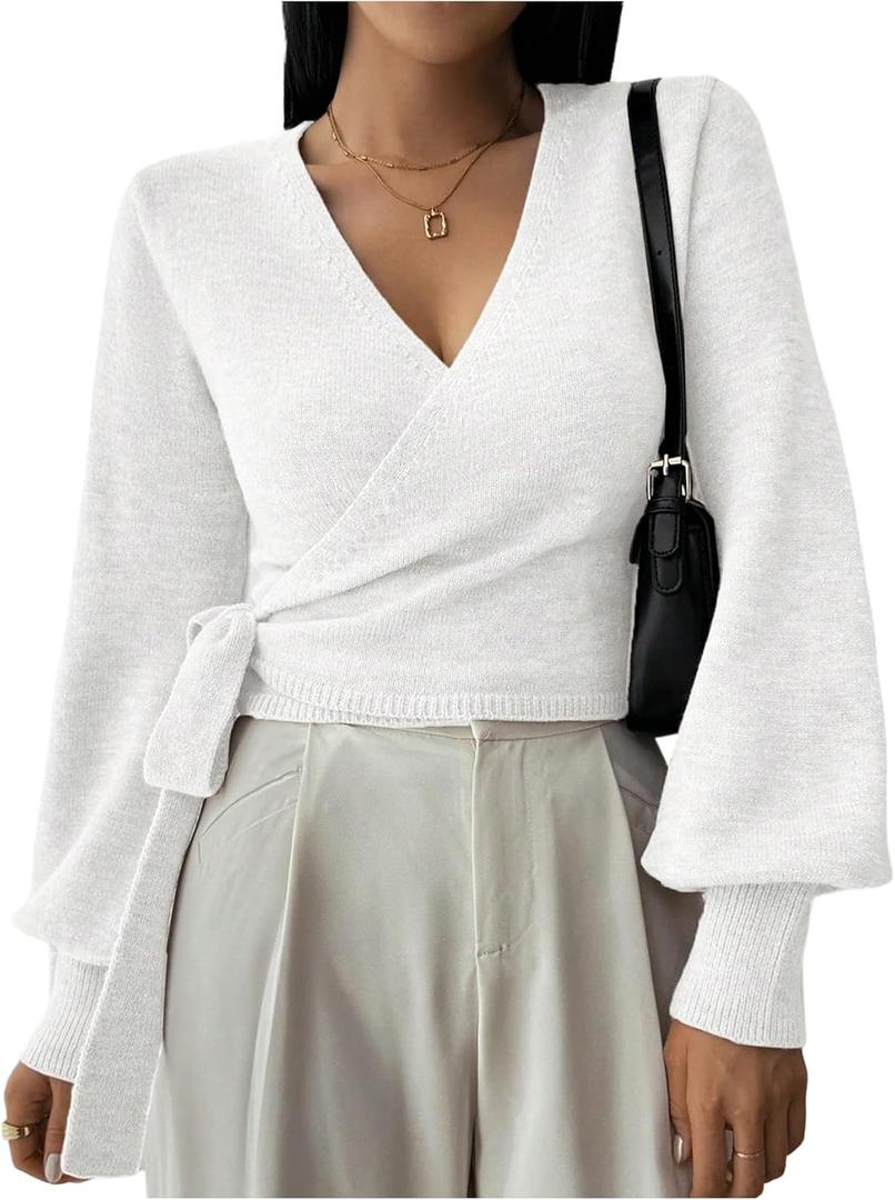SOLY HUX Women's Long Sleeve V Neck Wrap Belted Sweater Elegant Office Knitted Crop Tops Fall Outfits (Medium, Plain White)