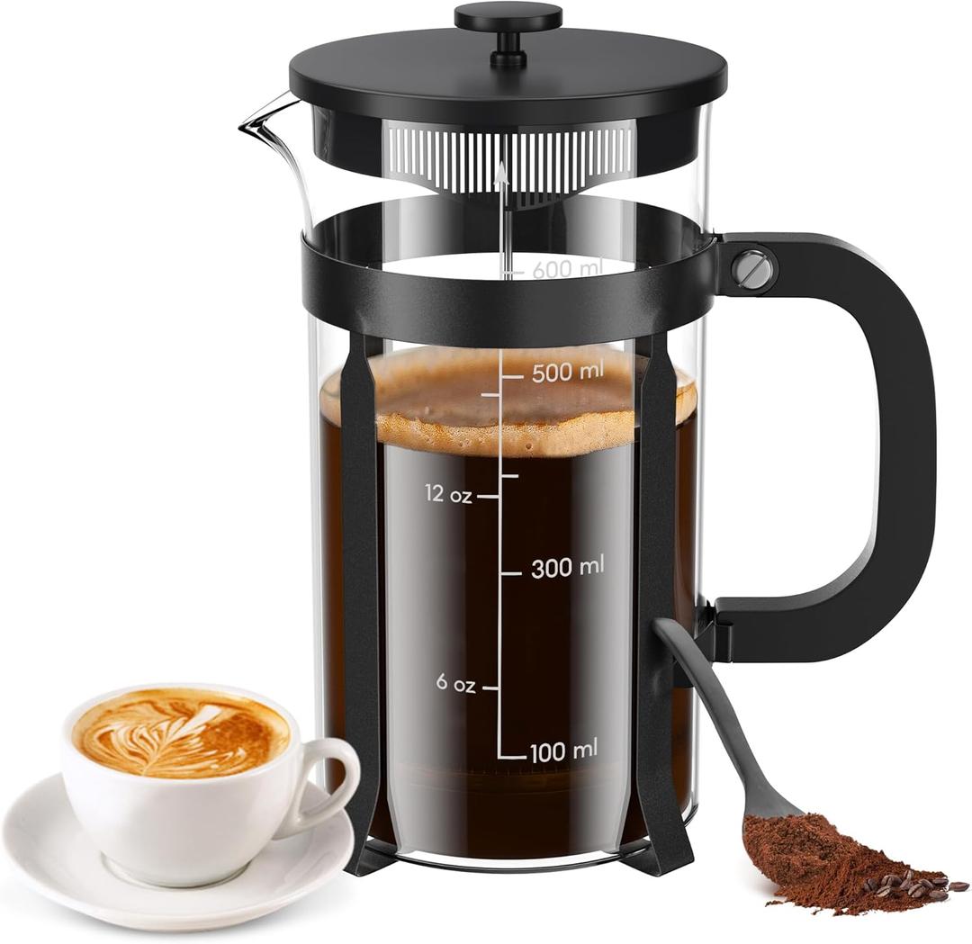High - Quality 21 Ounce / 600ML French Press - Stainless Steel & Heatproof Glass, 4 - Filter Design - Make Cold Brew, Espresso, Coffee & Tea with Ease (Black)