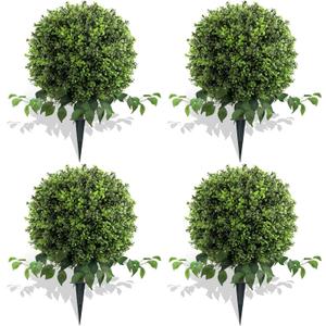 28" Artificial Boxwood Ball Bush, UV Resistant Topiary Tree Faux Boxwood Ball Shaped Porch Bushes with Ground Spike Artificial Bushes for Outdoors Front Door Decor Home Garden (4, Green)