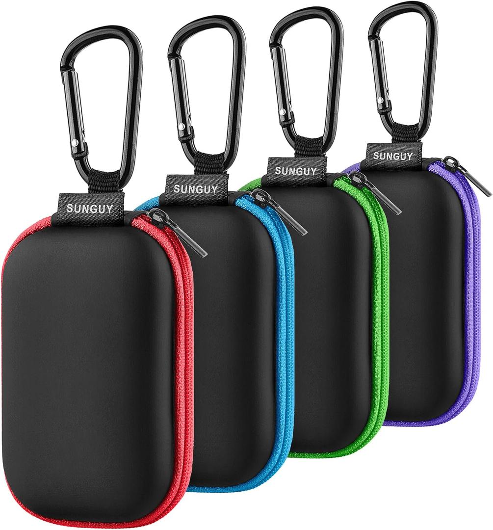 SUNGUY Earbuds Case 4Pack, Rectangle Earbuds Carrying Case, Portable Earphone Pouch Phone Accessories Organizer with Carabiner for Earphone, in-Ear Headphones, Earbud, SD Card, USB Charging Cable (Red+Blue+Green+Purple)