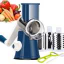 Ourokhome Rotary Cheese Grater Hand Crank, Kitchen Shredder Speed Mandolin Slicer Nut Grinder with Handle and Drum Blades for Cheese, Vegetable, Walnut, Chocolate, Potato, Carrot, 3 Blades, Dark Blue