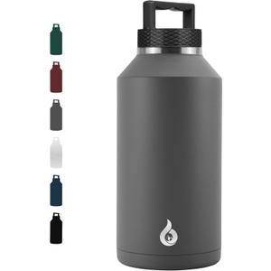 BJPKPK Half Gallon Water Bottle Insulated, Dishwasher Safe 64 oz Water Bottle with Handle, Leakproof BPA Free Water Jug, Large Stainless Steel Thermos for Sports, Grey (Gray)