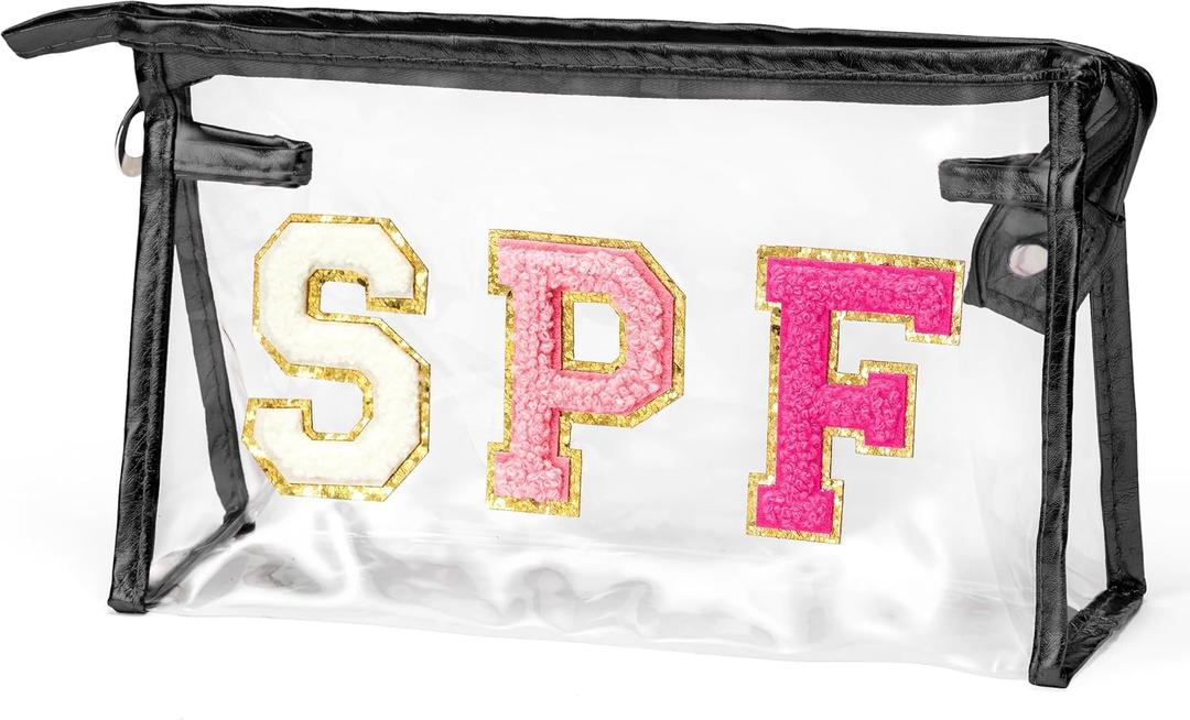 Preppy SPF Cosmetic Bag - SPF Chenille Varsity Letter Clear Toiletry Bag Summer Aesthetic Waterproof Portable Makeup Bag Transparent PVC Zipper Clutch Purse Beach Bag for Women (Black)