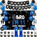 Vlipoeasn 11th Birthday Decorations Set for Boys Girls, 37PCS Black Blue 11 Year Old Birthday Backdrop Banner, Black Blue Bruh I'm 11 Party Supplies