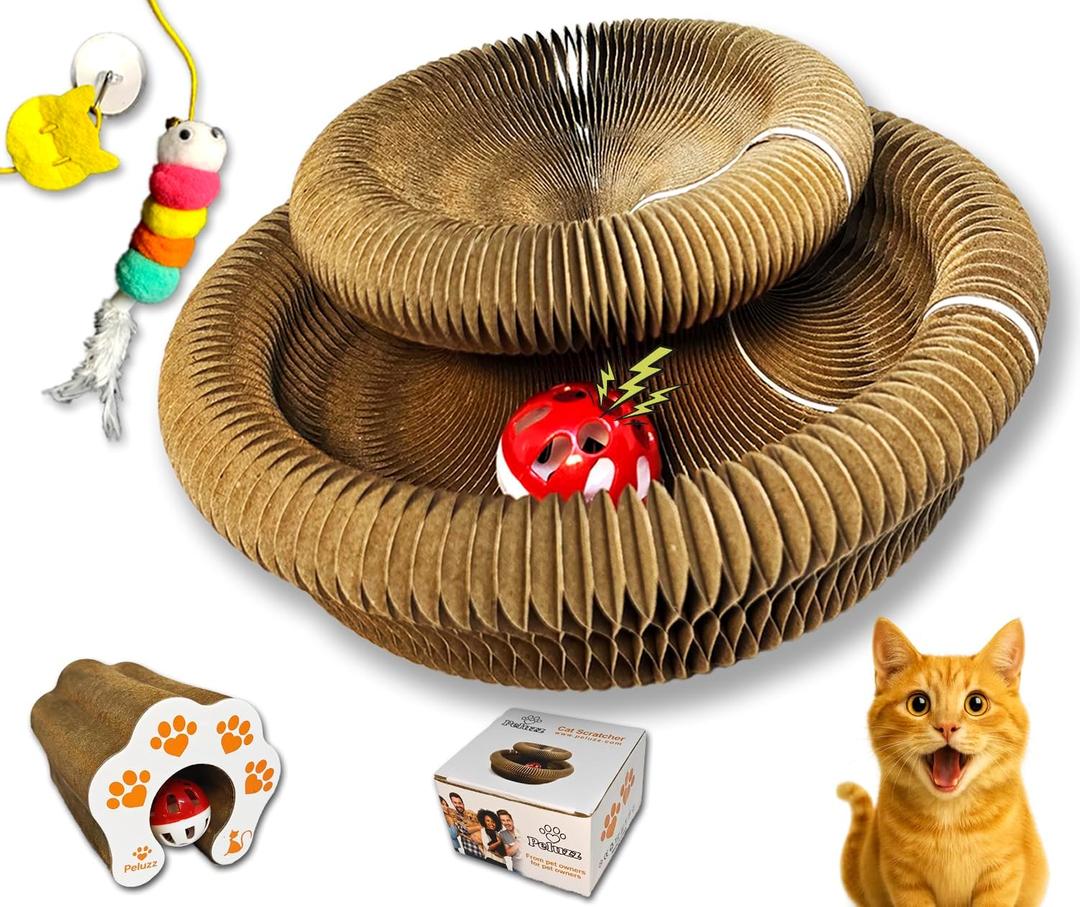 Cat Scratcher for Indoor Cats, Cardboard Cat Scratcher Toy, Large Round Magnetic Scratch Board with Ball Track, Foldable Horizontal Scratching Pad
