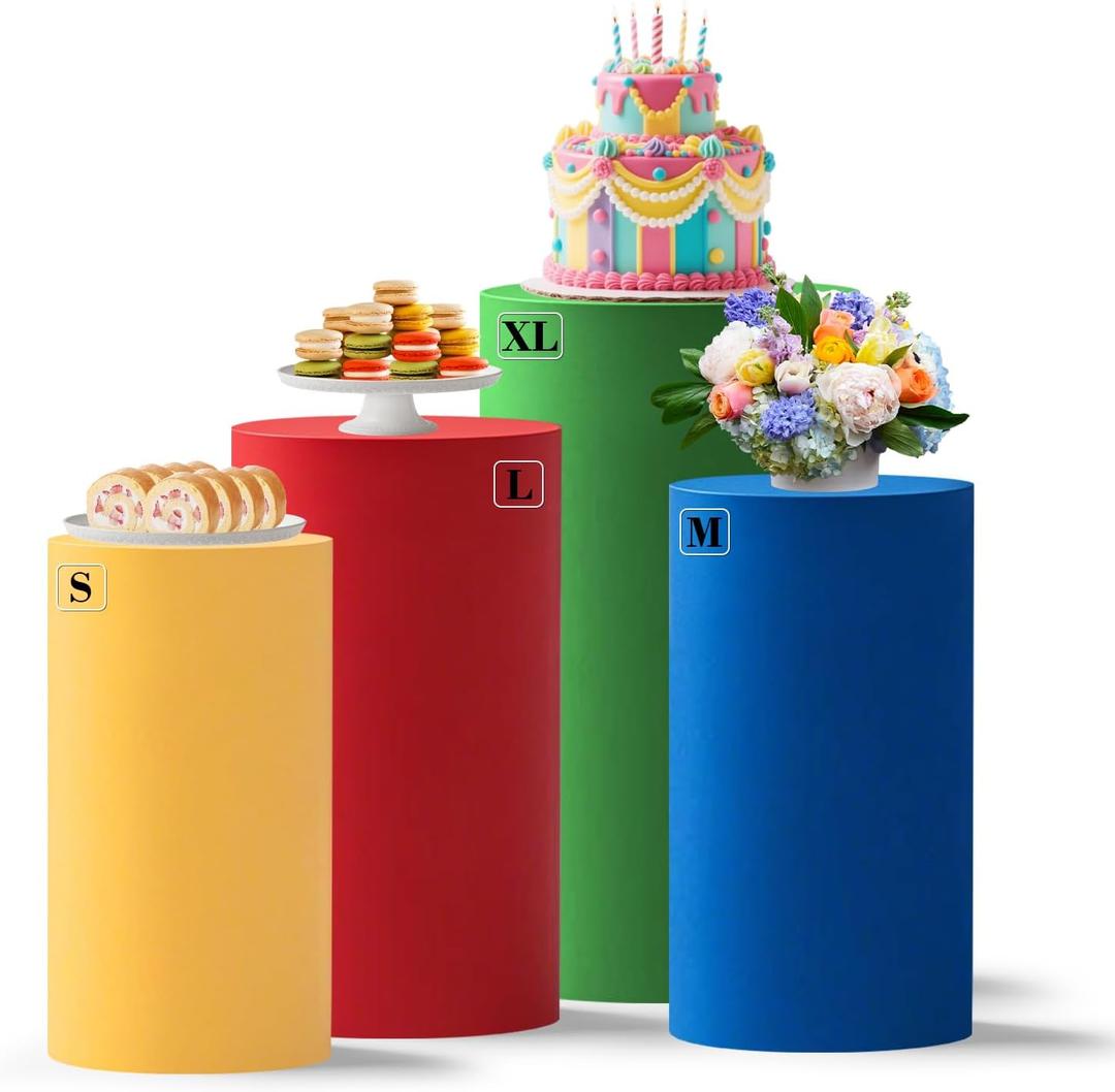 Set of 4 Red Yellow Blue Green Cylinder Pedestal Covers, Multiple Sizes Pedestal Stand Cover Cylinder Stands Cover for Party Cylinder Covers for Party Birthday Wedding Parties Dessert Tables Decor