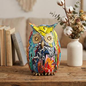 Owl Decor Colorful Graffiti Owl Figurine Resin Modern Art Sculpture, Collectible Owl Statue Home Decor for Living Room Bookshelf Office Desktop, Unique Gift for Owl Lovers