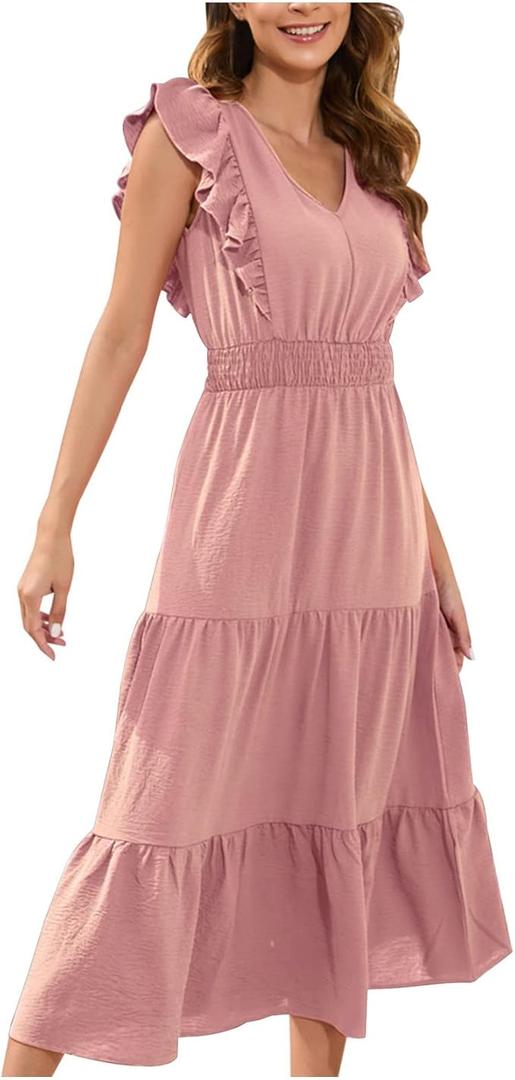 Wedtrend Women's Cocktail Dresses Ruffle Sleeve Vinatge 1940s Dresses Wedding Guest Dress Tiered Summer Dress, Size Medium 