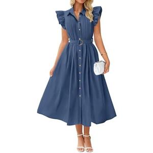 ZESICA Women's 2025 Summer Boho Button Midi Dresses Casual V Neck Flutter Sleeve Belted Long Dresses with Pockets Large