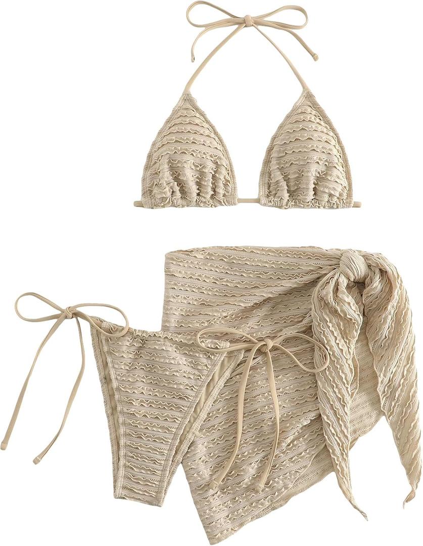 GORGLITTER Women's 3 Piece Swimsuits Halter Triangle String Bikini Set with Beach Skirt Swimwear Set (Medium, Khaki)