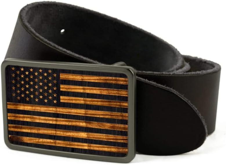 Koa Wood & Old Glory Engraved Belt Buckle by Thalia (Black / Brown)