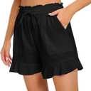 Womens Summer Linen Shorts Wide Leg High Waisted Ruffle Draswtring Beach Flowy Shorts with Pockets (X-Large, Black)