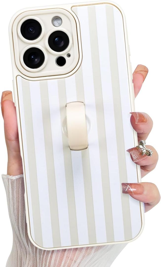 KANGHAR Compatible with iPhone 16 Pro Case, Silicone Stripes Cute Pattern, Wristband Kickstand Camera Protection Soft Slim Cover for Girls Women -White