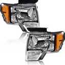 Headlights Assembly Compatible with 2009 2010 2011 2012 2013 2014 Ford F150 Replacement Headlamps Pair Left+Right(Clear lens Chrome Housing Amber Reflector)