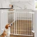 Cumbor 34" Extra Tall Baby Gate for Stairs, Wall-Mounted (Drill Required), Expandable 31.6-48" No Bottom Bar Dog Gate Indoor for Larger Pets, Large Walk Thru Door for Easy Access (White)