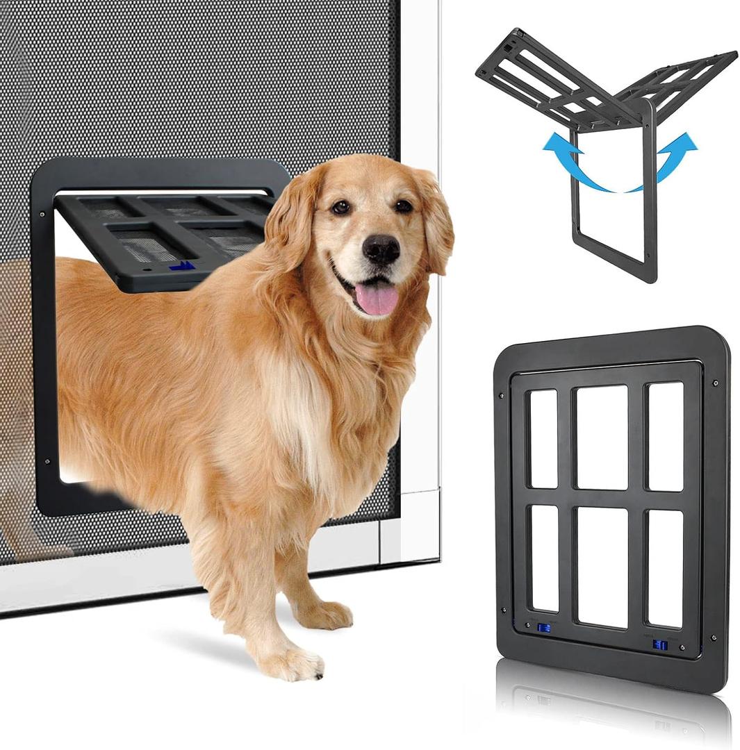 PETLESO Large Dog Door for Screen Door, Pet Screen Door for Medium Dog Pet Door with Magnetic Flap Lockable Insert for Sliding Door, Black Large 11"x 13"