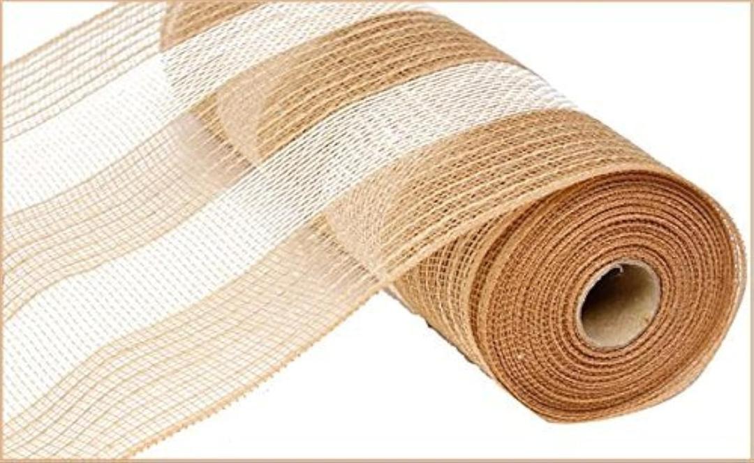 10 Inch x 30 Feet Deco Poly Jute Mesh Ribbon (Natural Brown White Cotton Stripe) : RY800348