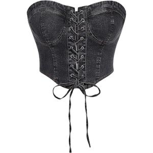 Women's Denim Tie Front Tube Tops Asymmetrical Hem Slim Fit Strapless Jean Bandeau Crop Top
 S