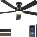 Ceiling Fans with Lights- 52" Low Profile Indoor Ceiling Fan with Light and Remote/APP Control, Flush Mount, LED Dimmable DC Reversible Modern Ceiling Fan for Bedroom, Black