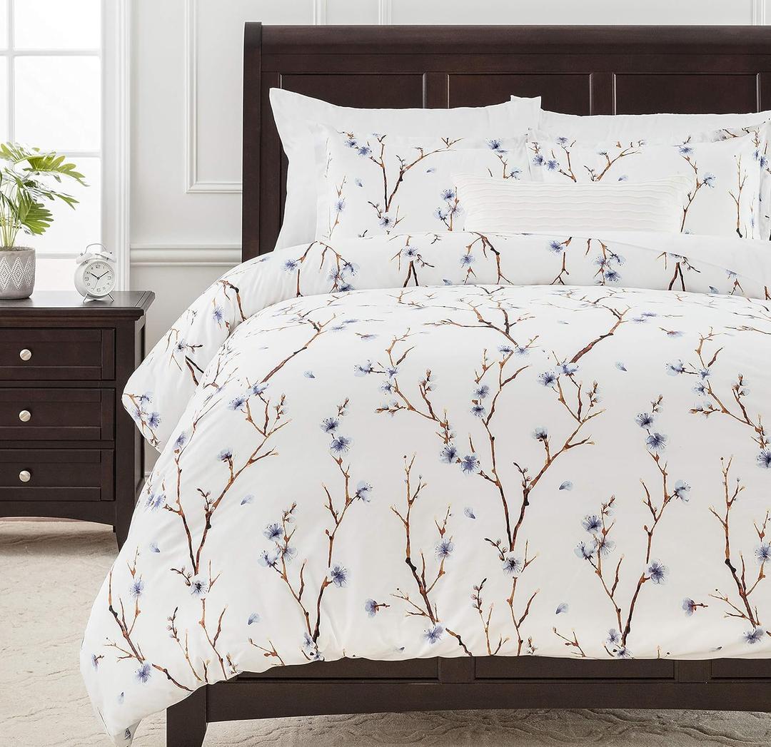 Chanasya Premium Violet Cherry Blossom Duvet Comforter Cover Bedding Set Queen Size - Water Color Floral 3-Piece Set Sakura Tree Set Microfiber Printed Bedcover - Ultra Soft Lightweight Breathable