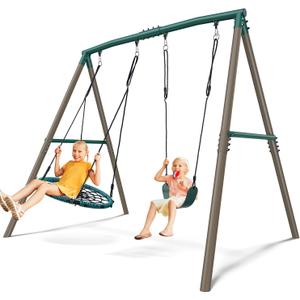 Hapfan 7.5ft Tall Swing Sets for Backyard, 500lbs Heavy Duty Swing Set for Kids and Adults with Spider Swing and Belt Swing, Outdoor Playground Sets for Backyards(Green and Brown)