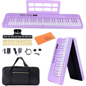 ADM 61 Key Folding Electric Piano Keyboard, Foldable Electronic Keyboard, Wireless 128 Tones, 128 Rhythms Includes Pedal, Gig Bag, Headphones for Beginners, Students, Teenagers, Adults, Purple