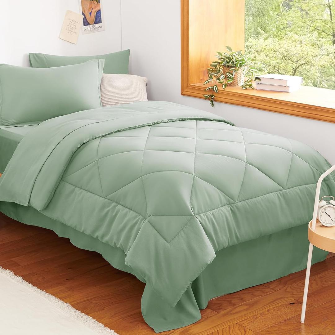 CozyLux Twin Comforter Set with Sheets Sage Green - 5 Pieces Bed in a Bag Twin, All Season Bed Set for Girls and Boys, Bedding Set with Down Alternative Comforter, Sheets, Pillowcase & Sham