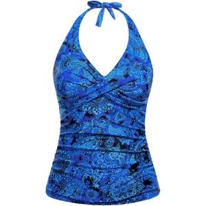 Tempt Me Womens Tankini Top Halter Tummy Control Swim Tops Only Twist Front V Neck Bathing Suit No Bottom (Blue Paisley), M