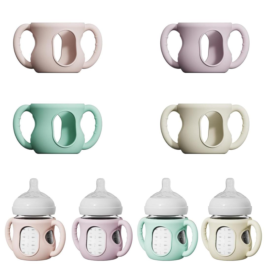 4 Pack Silicone Sleeves for Avent Natural Glass Bottles, Anti Breakage Bottle Holder with Handle, Compatible Philips Avent Glass Natural Bottle 4 oz, Not for Infant Use (4pc-Purple/Pink/Green/Beige)
