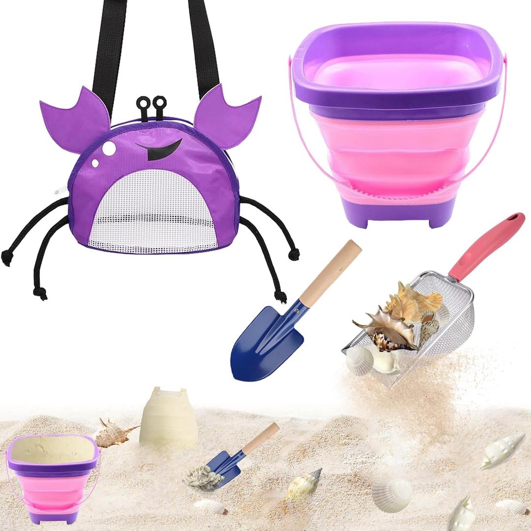 4PCS Beach Toy Mesh Shovel and Mesh Beach Bag Seashell Bag with Foldable Bech Can & Shovel,for Sand Filter & Collect Shells (Purple Crab