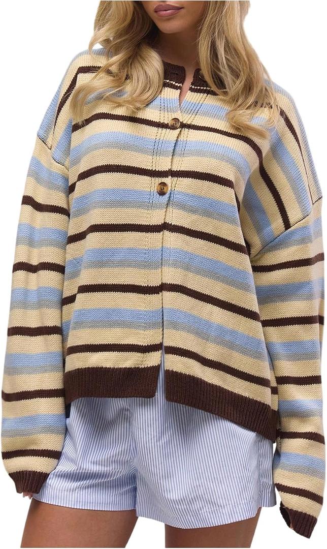 GORGLITTER Women's Button Up Striped Sweater Cardigan Lightweight Long Sleeve Crewneck Fall Trendy 2025 Knitwear Tops (M)