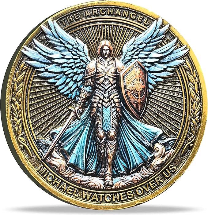 The Archangel Michael Watches Over Us Challenge Coin - Psalm 91:10-11 Inspirational Religious Collectible Coin with Clear Protective Case
 (4 PCS)