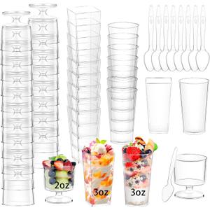 240 Packs 2/3 oz Mini Dessert Cups with Spoons, Square/Round/Round Goblet Clear Dessert Parfait Cups, Mini Plastic Dessert Cups Small Reusable Fruit Ice Cream Pudding Appetizer Cup Bowls (style1)