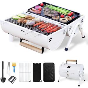 Portable Charcoal Grill Barbecue Grill Folding Set Double Sided +Barbecue Pan Net+6PCS Tools for Outdoor Camping BBQ Grilling Backyard Party Cooking Chimney Tabletop Grill & Grilling White