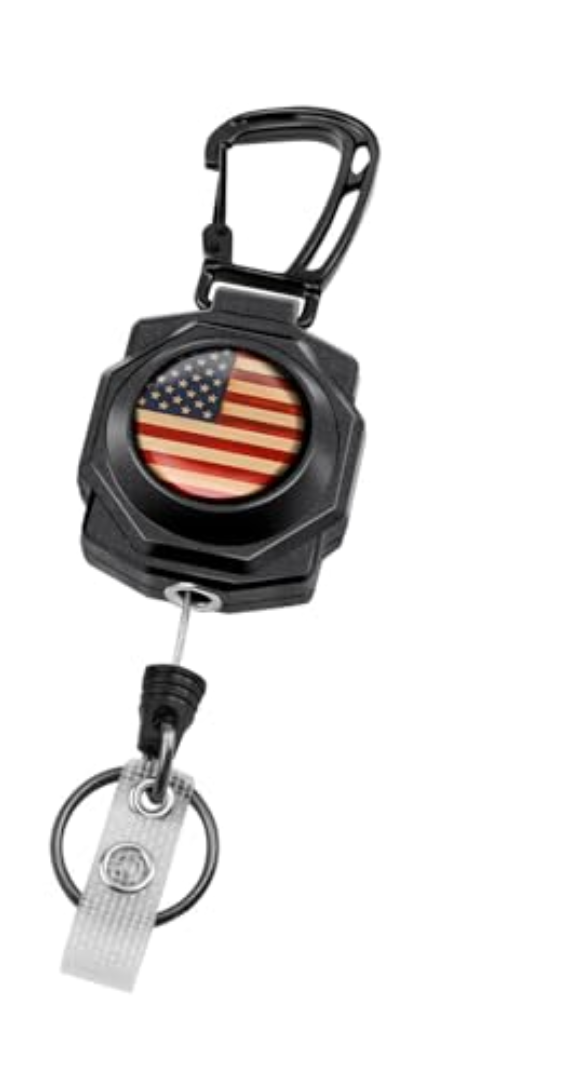bolimoss 1 Pack Heavy Duty Retractable Keychain,Badge Reels Retractable, Tactical ID Badge Holder with Zinc Alloy Carabiner, 32'' Coated Steel Cord, Key Ring,10 oz (US Flag)