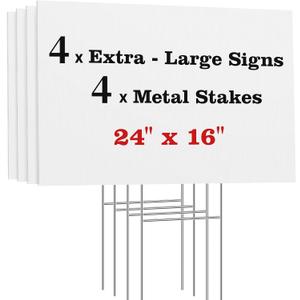 ComboJoy Blank Yard Signs with Stakes, 24 x 16 Inches Corrugated Plastic Custom Sign, Sturdy Stakes and Double-Sided, 4 Pack Large Sign for Garage, Rent, Birthday, Real Estate, Open House, and Guidepost