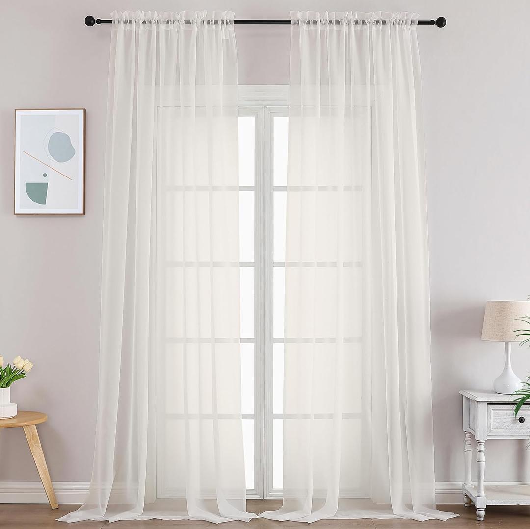 Gwine Ivory Sheer Curtains 108 Inches Long for Living Room 2 Panels, Light Filtering Extra Long Sheer Curtains, Filmy Voile Rod Pocket Window Drapes, 59W x 108L, 2 PCS, 9ft