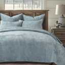 EverGrace Velvet Quilt Set King Size, Luxurious Soft Quilted Bedding Sets, Lightweight Velvet Comforter for All Season, Striped Channel Bedspread Coverlet with 2 Shams, 104" x 92", Blue Linen