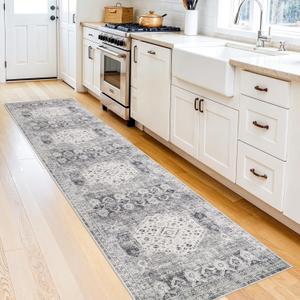 Washable 2x10 Kitchen Rugs - Hallway Rug Runner with Non Slip Rubber Backing Distressed Vintage Bedroom Entryway Carpet Soft Indoor Home Decor Floor Mat for Laundry Bathroom (2'x10', Grey)