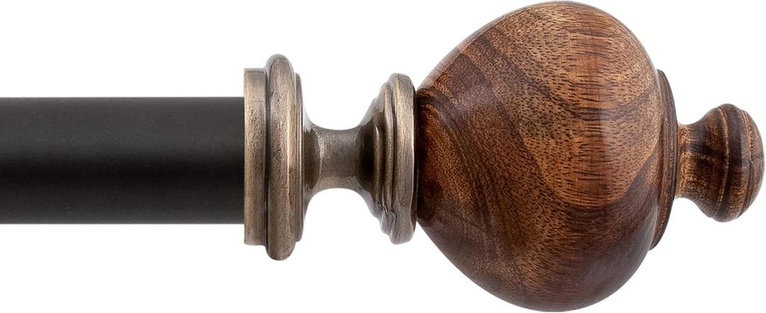 Deco Window Curtain Rods for Windows 18 – 44 Inch, 1 Inch Heavy Duty Extendable Metal Drapery Rod, Adjustable Curtain Rod with Decorative Wood Trophy Finials for Living Room Bedroom, Brown Matt