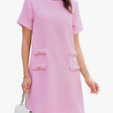 Women's Tweed Mini Dress Short Sleeve Crew Neck Work Office Elagant Formal Summer A Line Dresses M