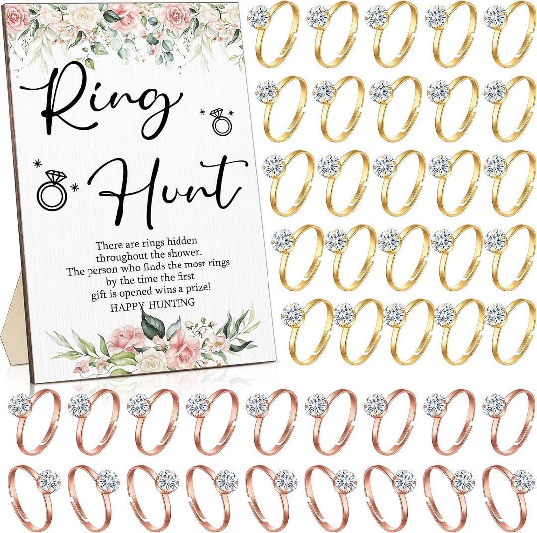 Bucherry Bridal Shower Games with Rings Funny Hunt Games Sign Wooden Game Sign and 100 Mini Plastic Fake Rings with Diamond for Bride Shower Game Wedding Winner Gifts Party Favors (Flower)