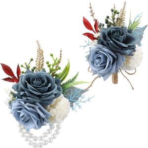 Canlierr 2 Pcs Dusty Corsage and Boutonniere Set Men Boutonnieres Corsage Bracelets Wristlet Band Wedding Flowers Accessories for Men Prom Suit Decorations(Blue), 7 centimeters
