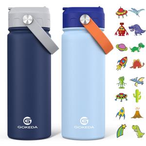 GoKEDA 18oz Kids Water Bottle, 2 Pack Insulated Bottles with Stickers, 18/8 Stainless Steel Vacuum Leak Proof Straw Cup for School, Gifts for Boys(Light Blue, Dark Blue)