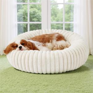 Bedsure Donut Medium Dog Bed - Washable Faux Fur with Corduroy Fleece & Anti Slip Bottom, Round Pet Bed with Removable Cover, Cream, 30x30x8 inches