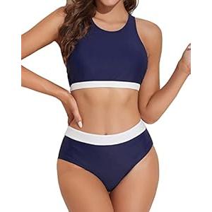 Tempt Me Navy Blue Women Two Piece Swimsuits High Waisted Bikini High Neck Crop Top Tummy Control Sporty Bathing Suits with Bottom L