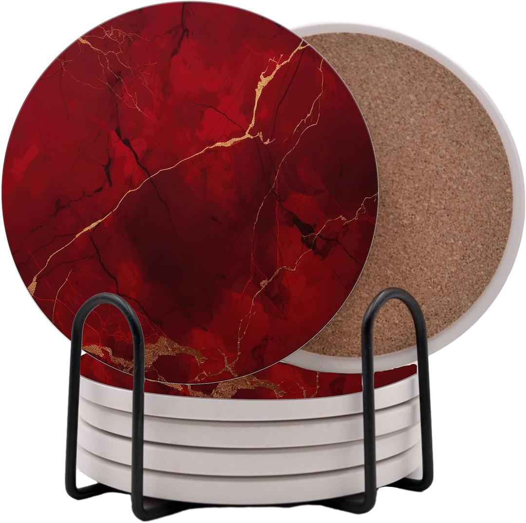 Dark Red Agate Marble Round Coasters Set of 6 - Abosrbent Ceramic Coasters with Metal Stand for Drinks, Coffee, Non-Slip Cork Back for Tabletop Protection, 4 Inches Marbled Pattern (Dark Marble)
