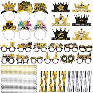 2026 New Years Eve Party Supplies Includes New Year Paper Crown Hats Headband Tiara Eyeglasses Squawkers, Necklace Decorations for New Years Eve Party Photo Props Supplies