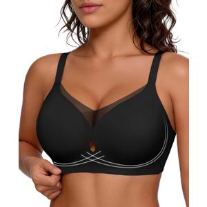 Popilush Wireless Bras for Women - Push Up Full Coverage Seamless Supportive Bra No Underwire Mesh Crossover T-Shirt Bralette L